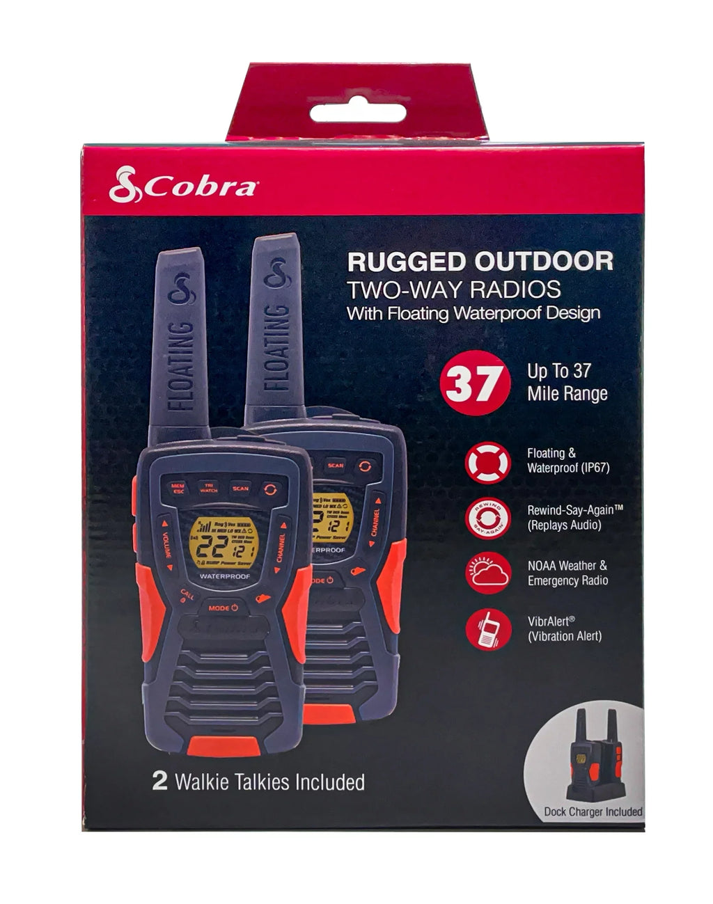 ACXT1037R-FLT - 37-mile Range Talkies Walkie Cobra Two-Way Radios Floating, Rechargeable (2-Pack)