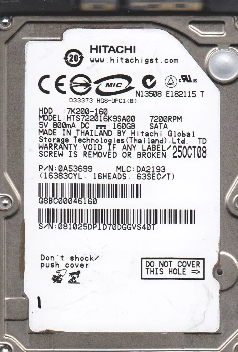 PN 2.5 SATA HTS722016K9SA00, Drive 0A53699, Hitachi DA2193, Hard MLC 160GB