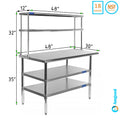 Shelving Two 30" Metal Table With Overshelf Tier | 12" 48" Steel Shelves Double Combo x Wide Work Stainless Kitchen Prep | & Table