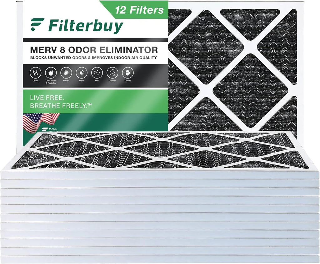 (12-Pack) 16x25x1 Filters Air Odor Eliminator HVAC Pleated with Activated MERV AC Furnace Carbon 8 Filterbuy