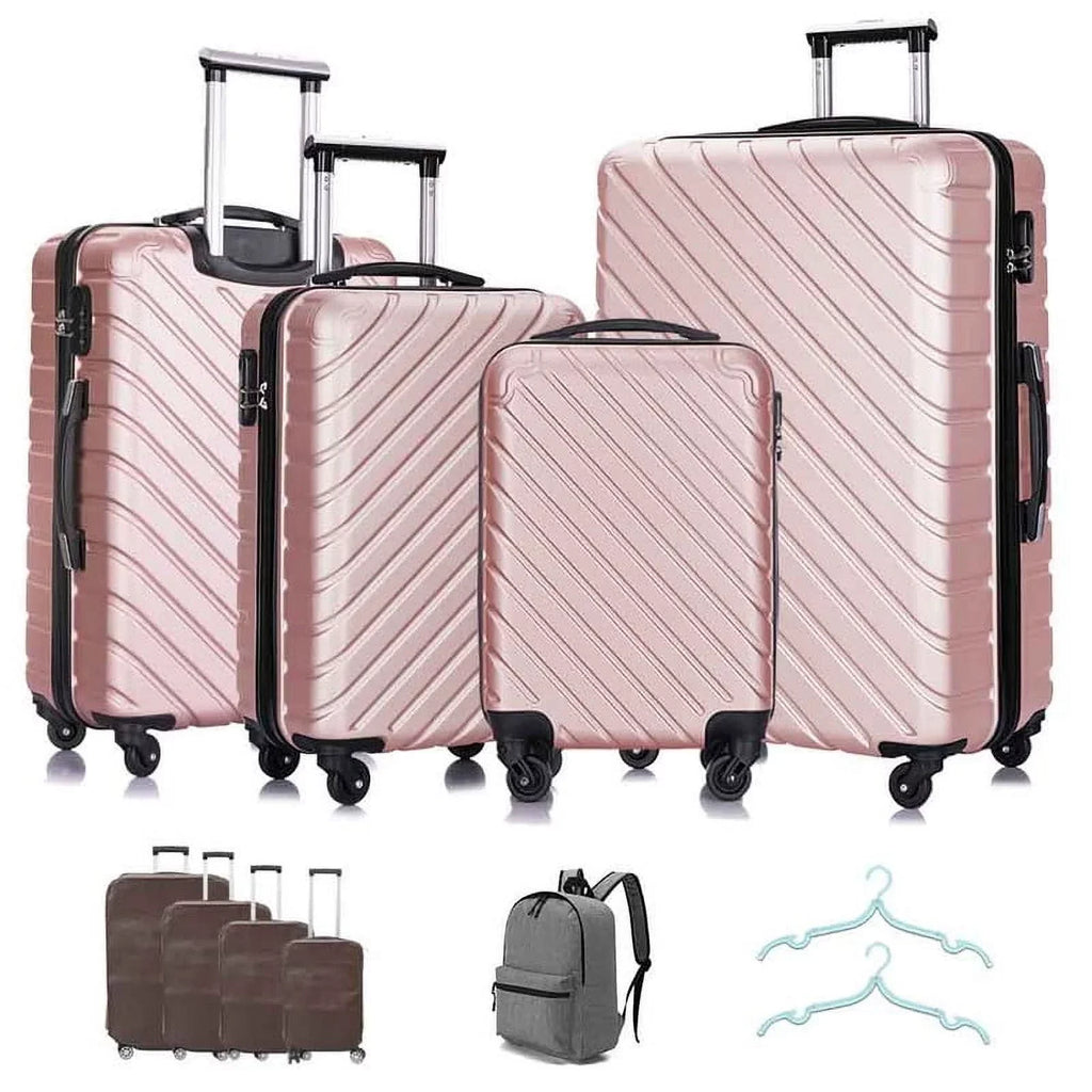 4 Luggage Luggage Piece gold rose Cover&Hanger Spinner Hardshell with On Suitcase,Carry Free Wheels Sets,Travel Inside