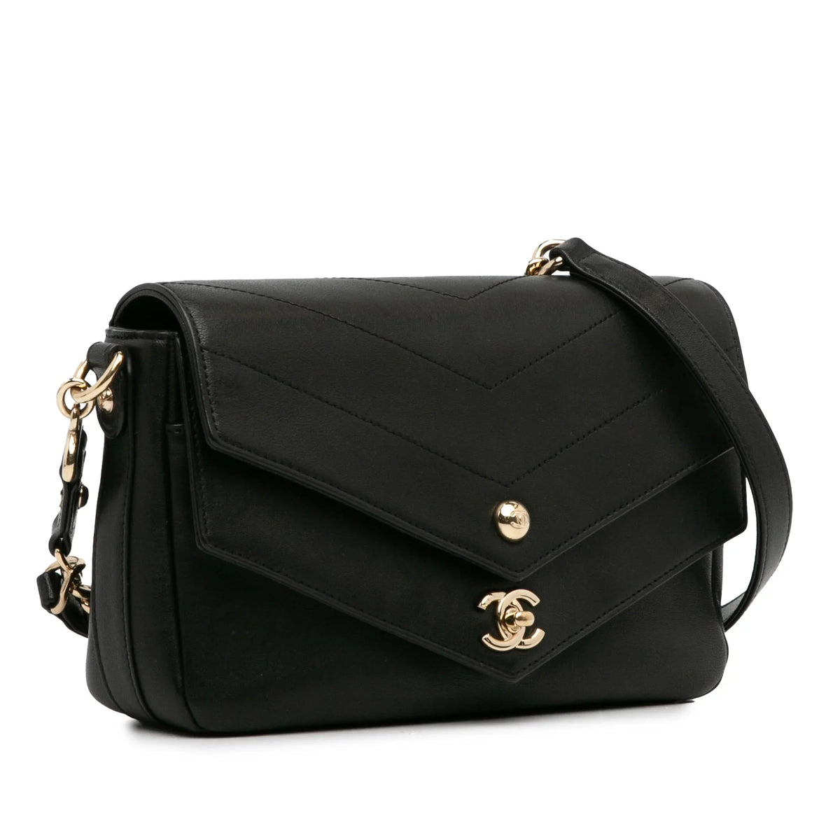Calf Satchel Double Chevron Authenticated Black Leather (Good) Elaphe Flap Unisex Pre-Owned skin