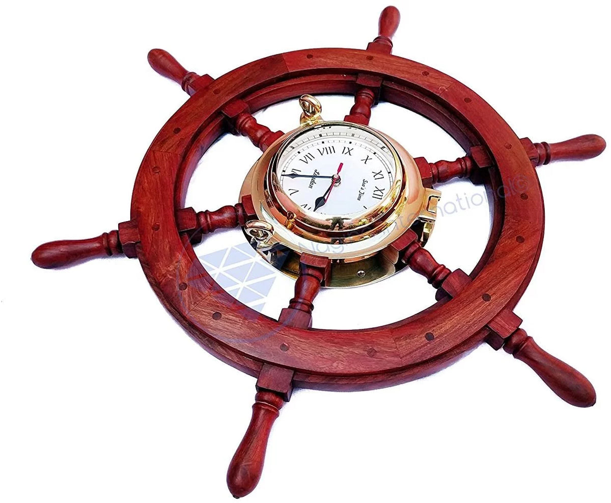 Time | Nagina Pirate's Inches) Clock Nautical Gift Polystone Polished London Ship Porthole Home International | Decor Sea's Wheel (48 Ocean Brass