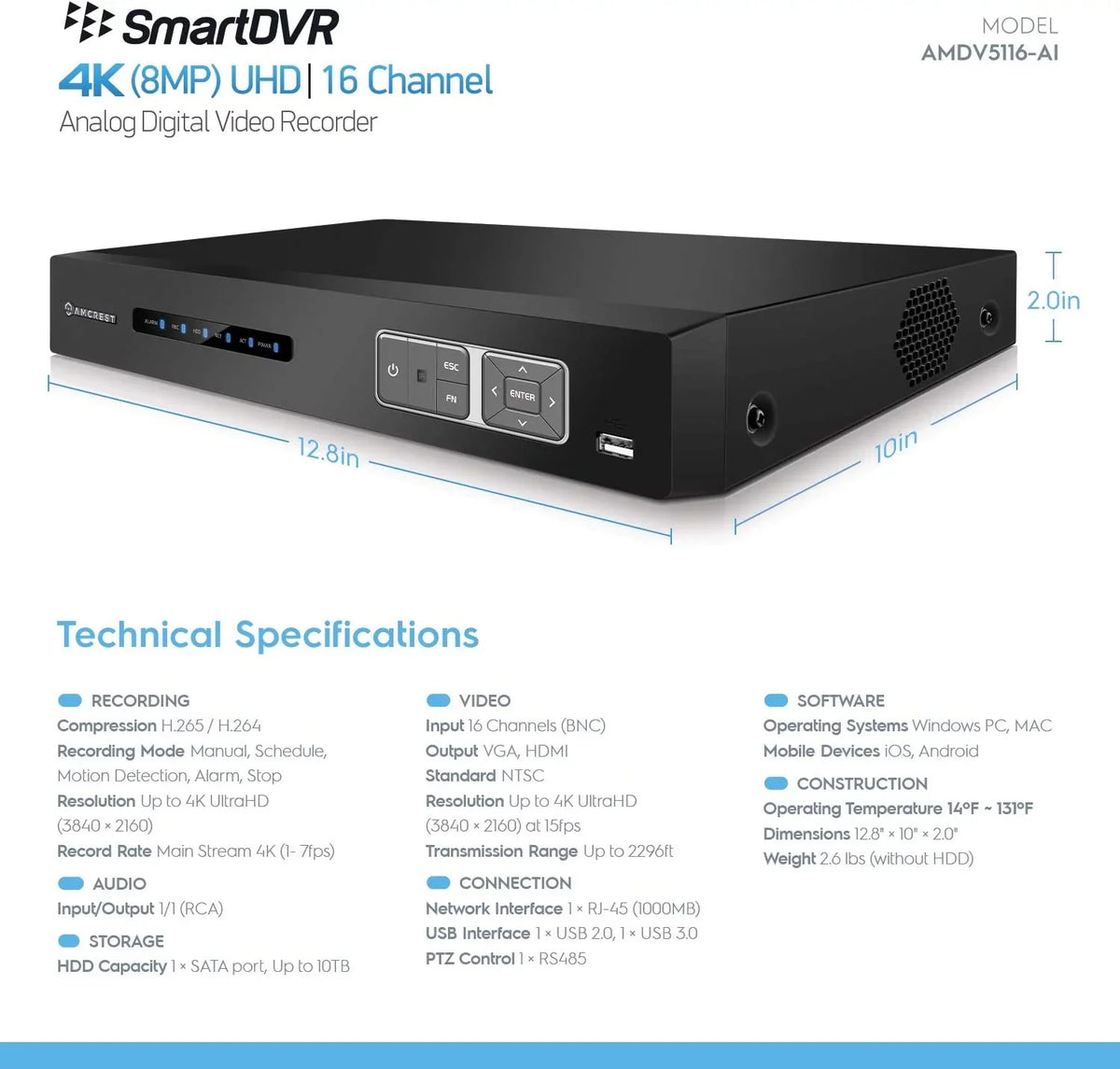 Recorder, Smart Channel DVR 4TB 4K Pre-Installed for DVR Hard Cameras AI Analog 16 Amcrest AI Security Security System DVR, IP Drive & Camera (AMDV5116-4TB) Cameras, Security Amcrest UltraHD 8MP
