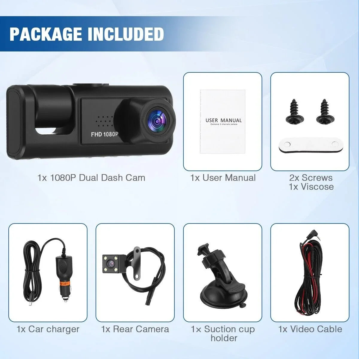 Car Recorder 1080P G-sensor Dash Lens Camera Dual Front/Rear/Inside Video Cam
