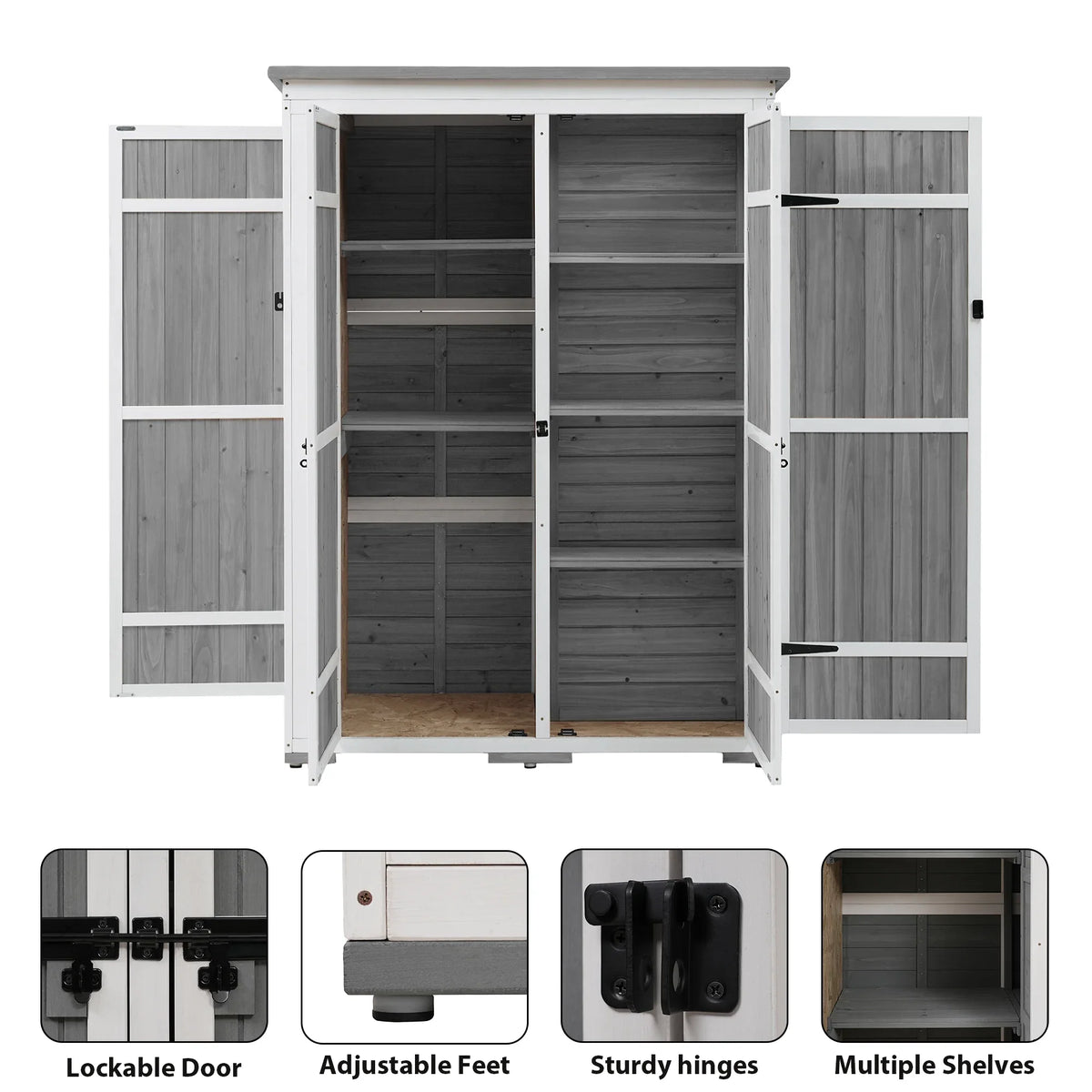 Waterproof Storage Lockable Homiyad Hx4.1ft L and Cabinet with Asphalt Tool Multiple-Tier exterior Shelves, Gray Shed, Doors, Garden Roof, Wood Four White 5.5ft