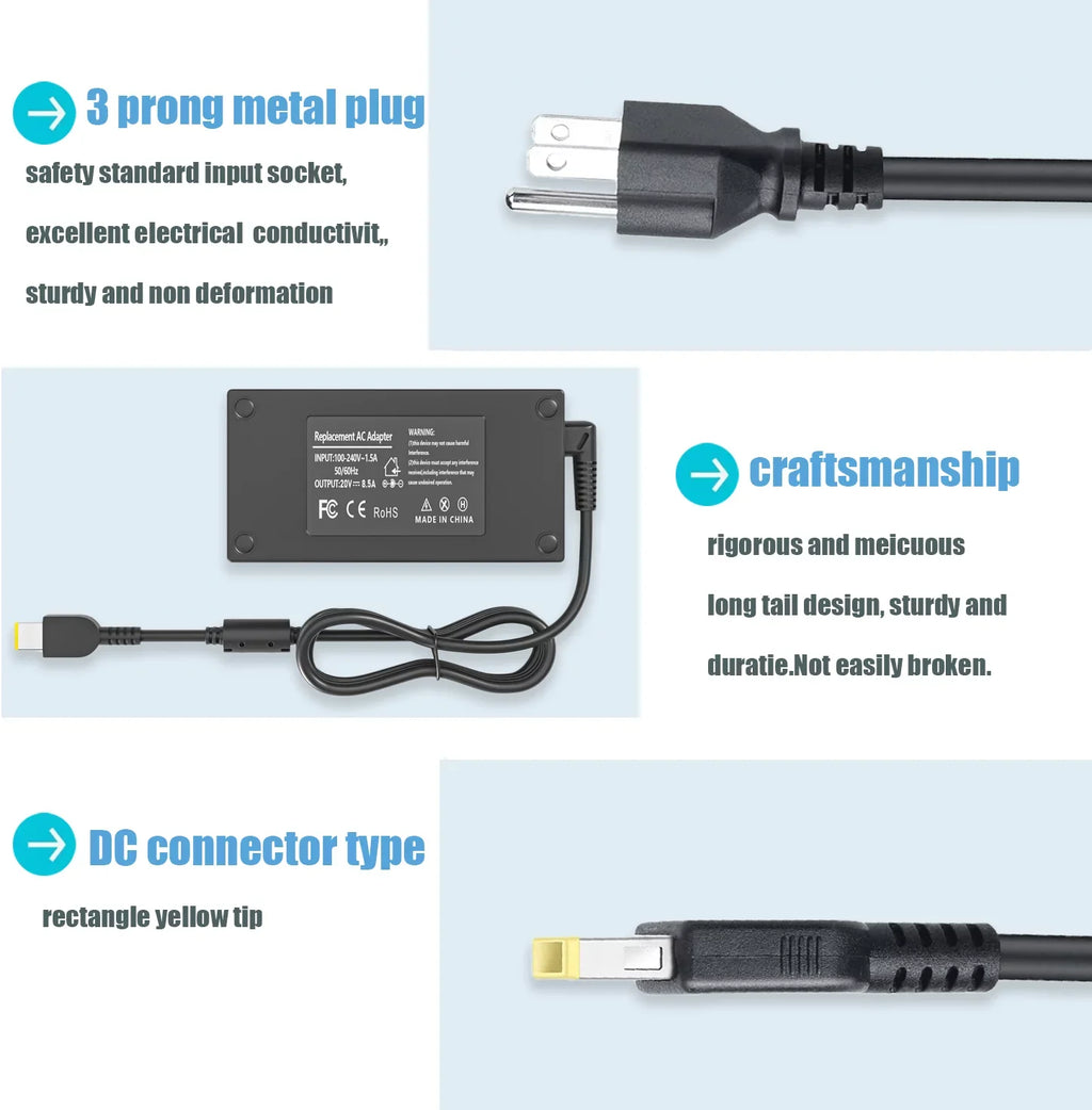 P50 3-15IHU6 for P51 Power USB Ideapad Cord[Rectangle Yellow P52 Adapter 170W Gaming Tip] P71 P70 82K1 Legion Thinkpad Y700 Y7000 AC