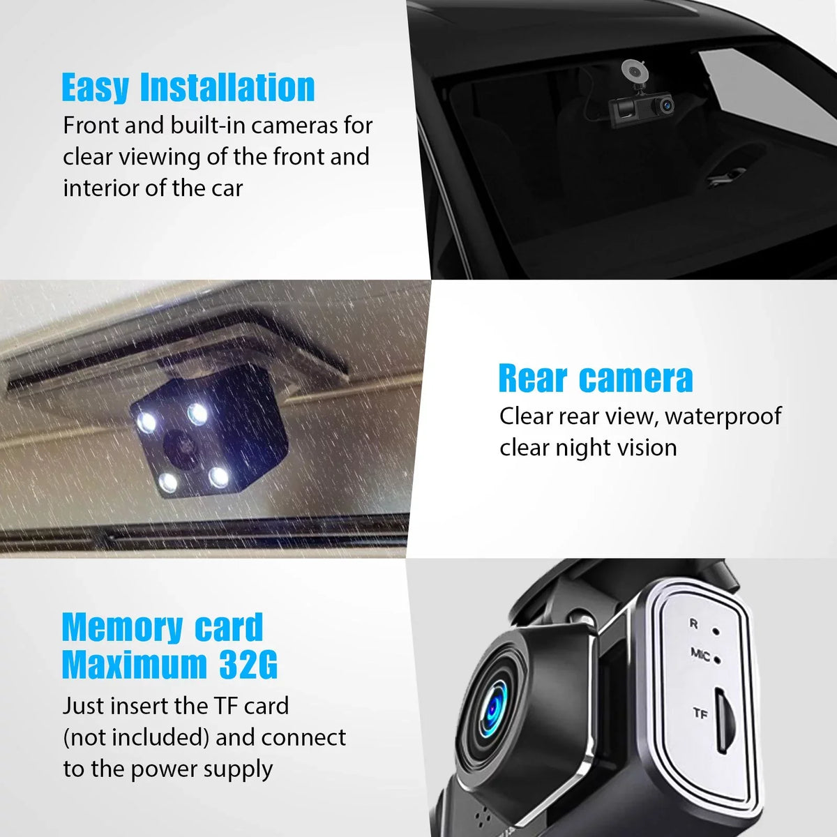 Loop Channel Monitor Three and G-Sensor, Inside Dash 3 HD Cam Way for Vision, W/IR Front 1080P Rear Full W/32GB Night Recording, TF Cars, Car Dash Camera Card, Parking Triple Dashcam Camera