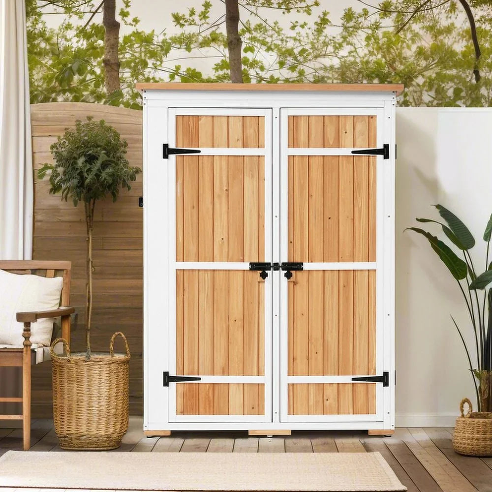 Wood Asphalt Shed, Shelves, Tool Lockable Cabinet Storage Roof, Four Hx4.1ft Doors, Multiple-tier exterior Waterproof with L Garden Natural 5.5ft