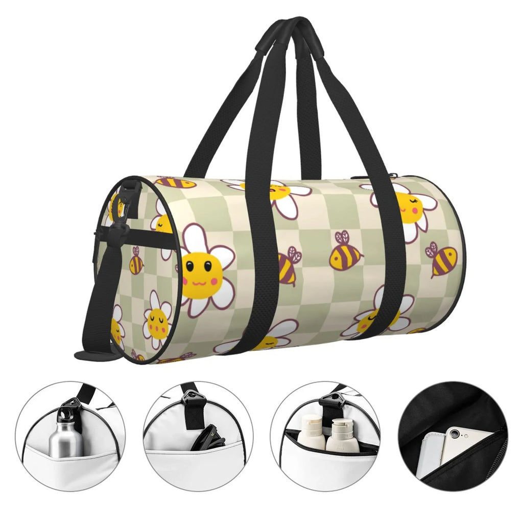 Weekenders Checkerboard Daisies Bees Gym Tote Bag ZICANCN Men Retro Bag, for Travel Bags Sports Women Duffle