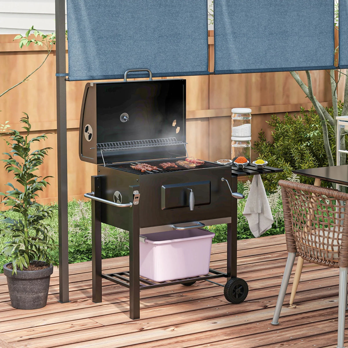 Wheels Portable Bottom Camping Or with Storage Homiyad Cooker for Handle, Charcoal Side Grill, Table, exterior and BBQ Picnic Backyard Shelf, Black