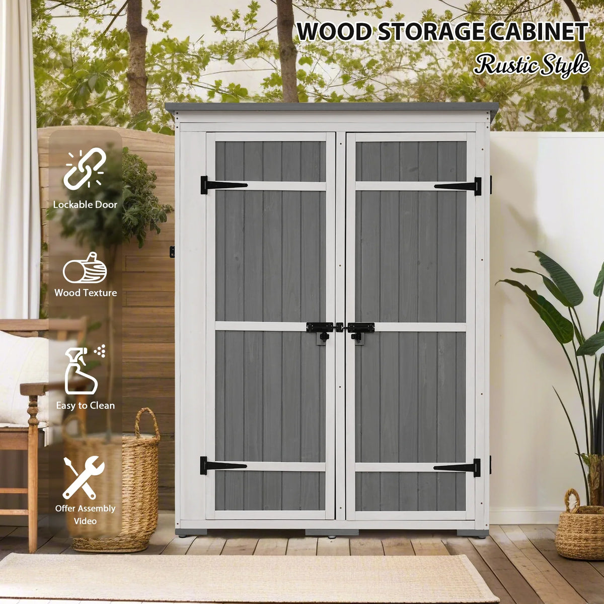 Waterproof Storage Lockable Homiyad Hx4.1ft L and Cabinet with Asphalt Tool Multiple-Tier exterior Shelves, Gray Shed, Doors, Garden Roof, Wood Four White 5.5ft