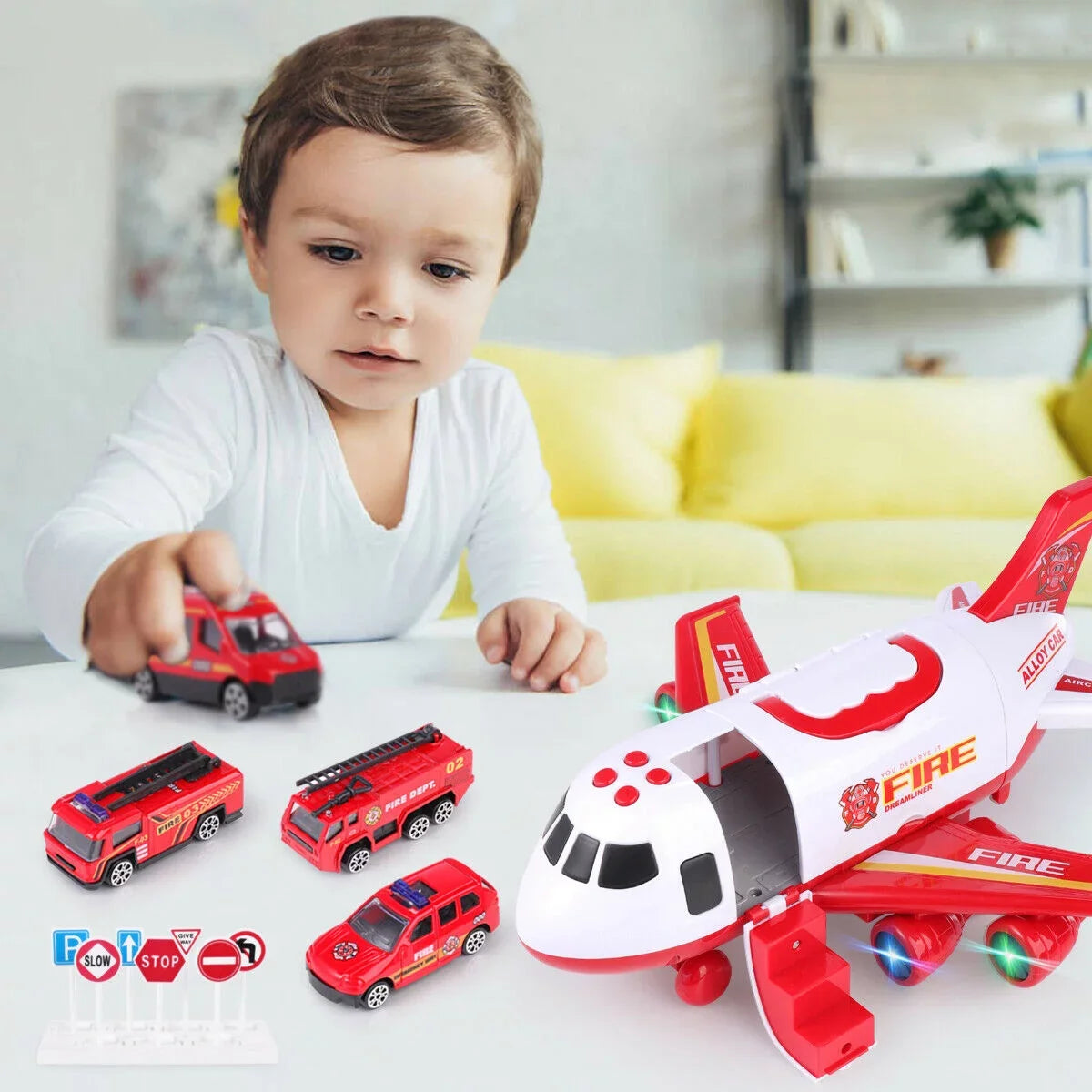 Music Lights, Old Fire Storage and Airplane with (Red) Birthday Girls Playset Cart, Truck Transformable and Boys 3-6 Christmas Airplane Toy Gift SHANNA Years