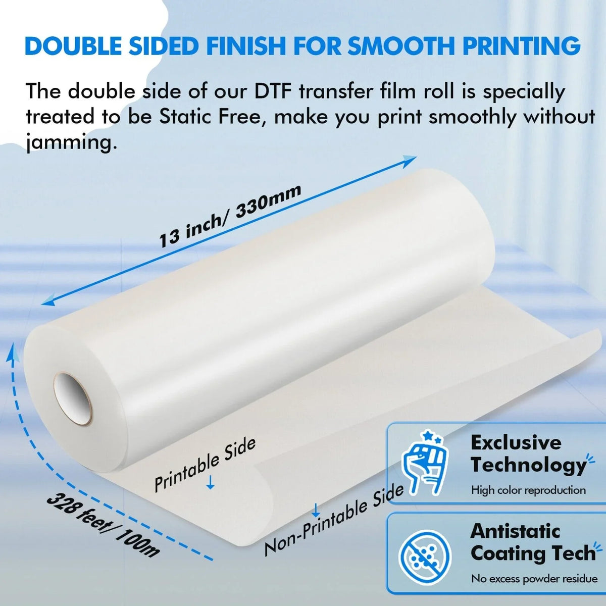 DTF Roll Transfer, Roll for DTF X DTF Paper Sublimation Heat 13"x328' FT Transfer A-SUB 328 in Film 13 Film DTF
