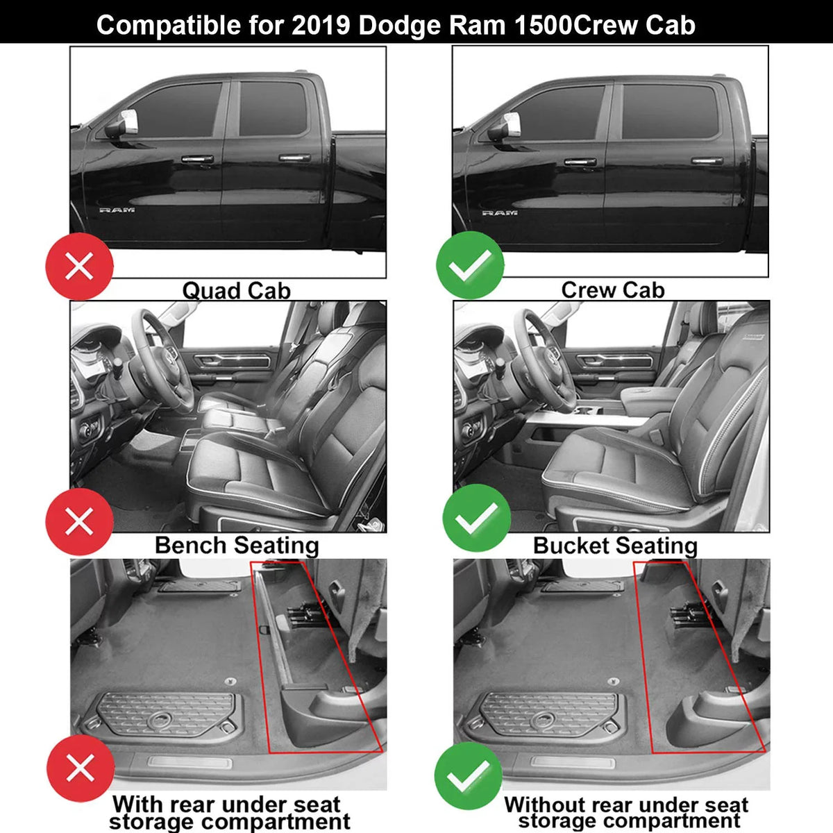 (NOT Seating, Full for TPE Ram Cab Seat) Dodge for Storage Mats Ram climate 1st & All 1500 Under Rear 2020 Set Row 2019 Non-Toxic 2nd - for Black Floor Carpet 3W Crew Bucket with