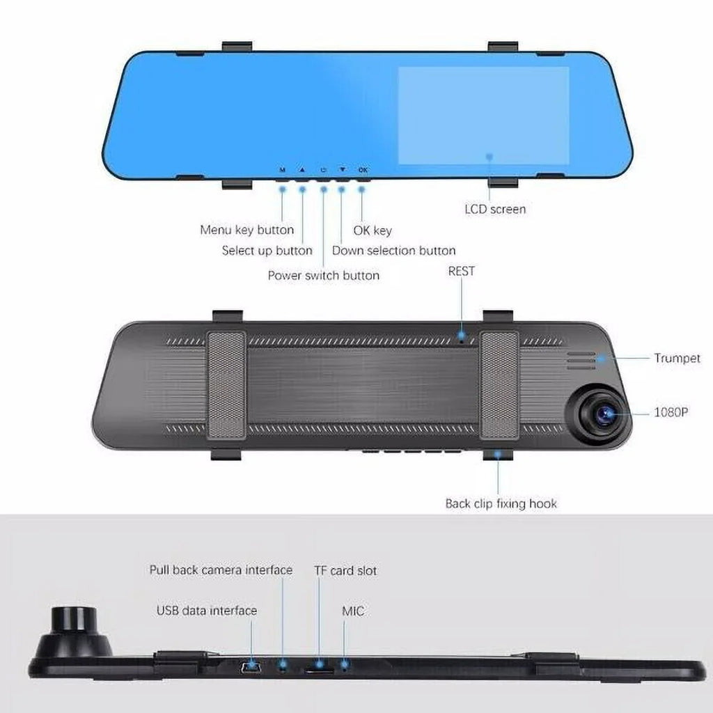 Mirror Camera Dual Rearview Car Video Dash DVR Front 1080P Rear Cam HD Recorder