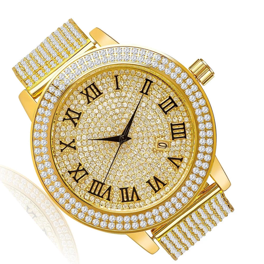 Watch Function Simulated W/Date Rodeo Gold Custom Joe Khronos Diamonds Face Roman Yellow Jojino Tone Jojo