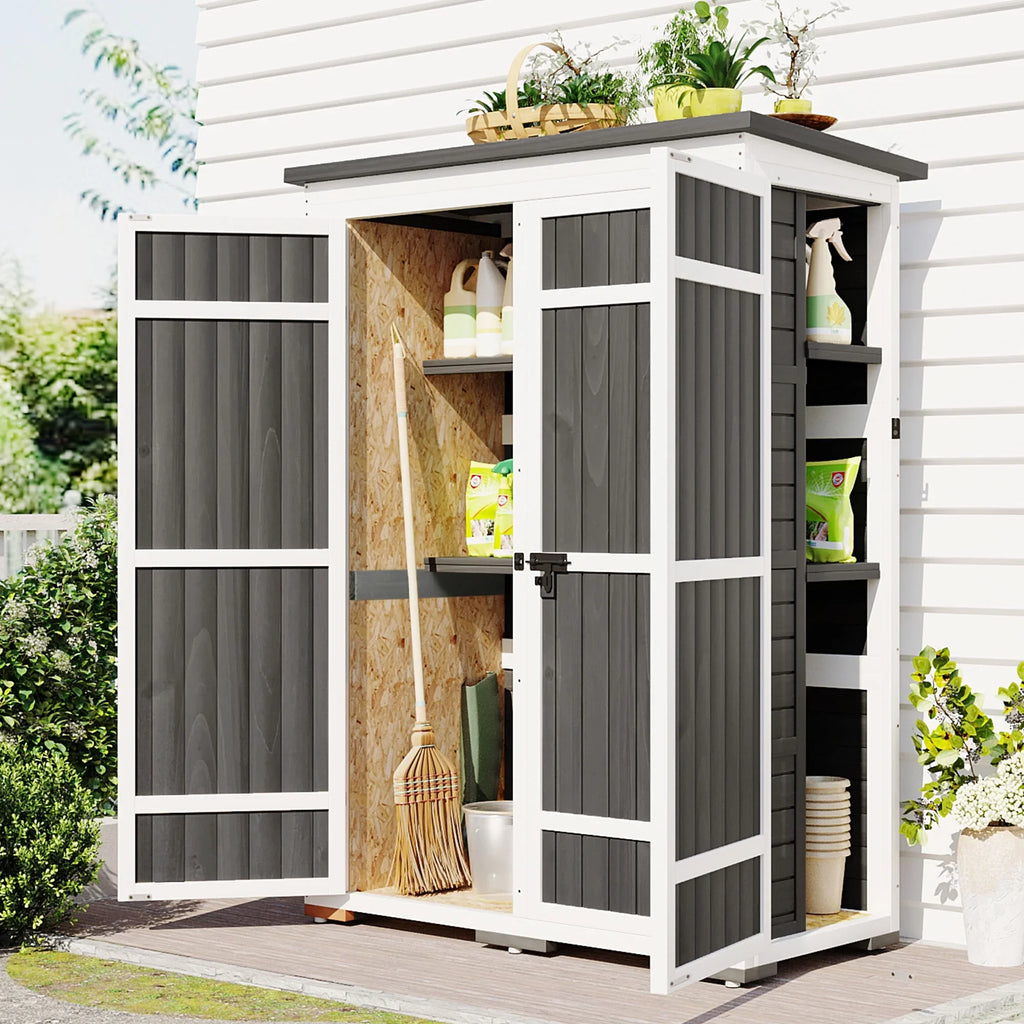 Waterproof Storage Lockable Homiyad Hx4.1ft L and Cabinet with Asphalt Tool Multiple-Tier exterior Shelves, Gray Shed, Doors, Garden Roof, Wood Four White 5.5ft