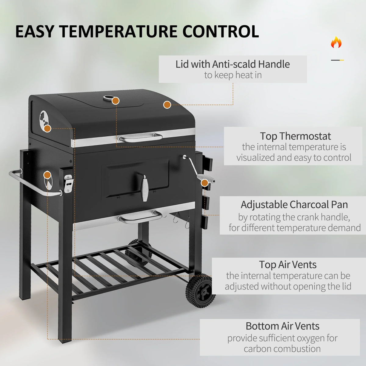 Wheels Portable Bottom Camping Or with Storage Homiyad Cooker for Handle, Charcoal Side Grill, Table, exterior and BBQ Picnic Backyard Shelf, Black