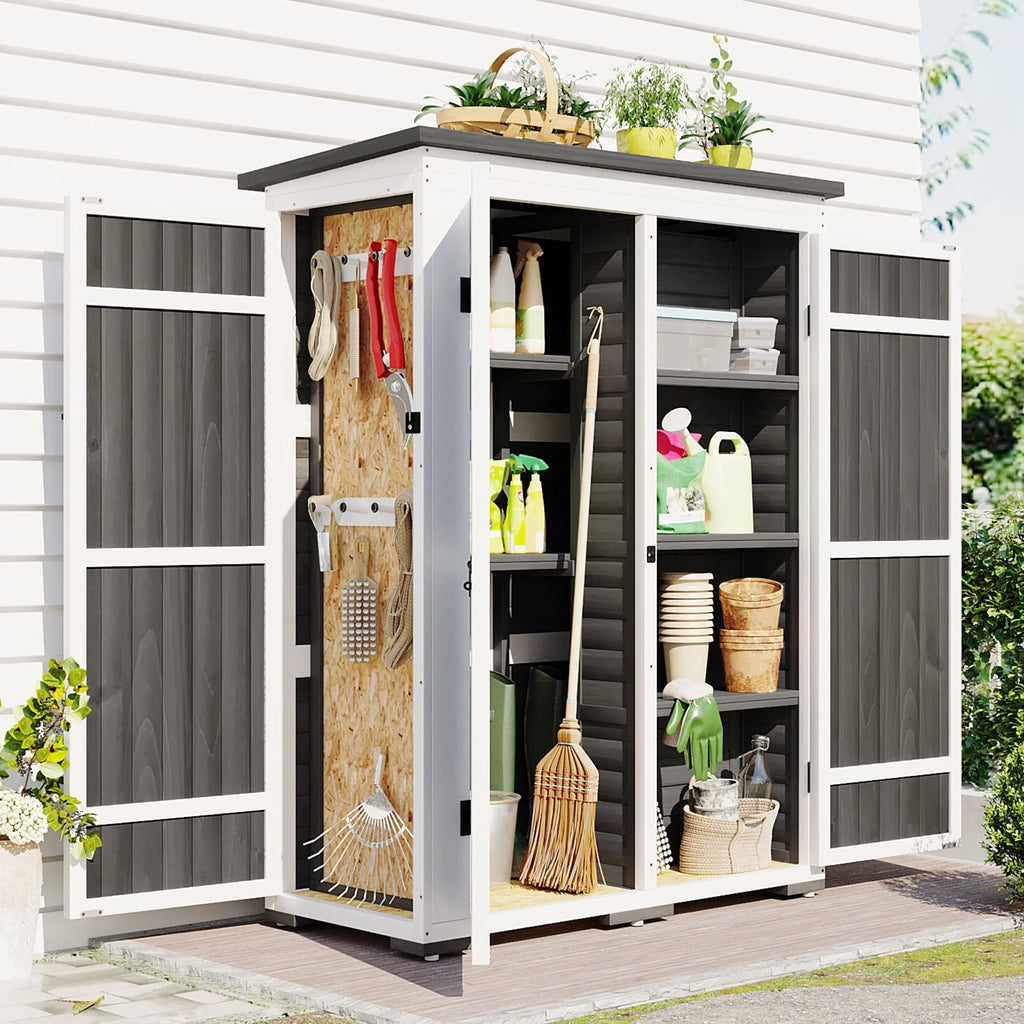 Waterproof Storage Lockable Homiyad Hx4.1ft L and Cabinet with Asphalt Tool Multiple-Tier exterior Shelves, Gray Shed, Doors, Garden Roof, Wood Four White 5.5ft