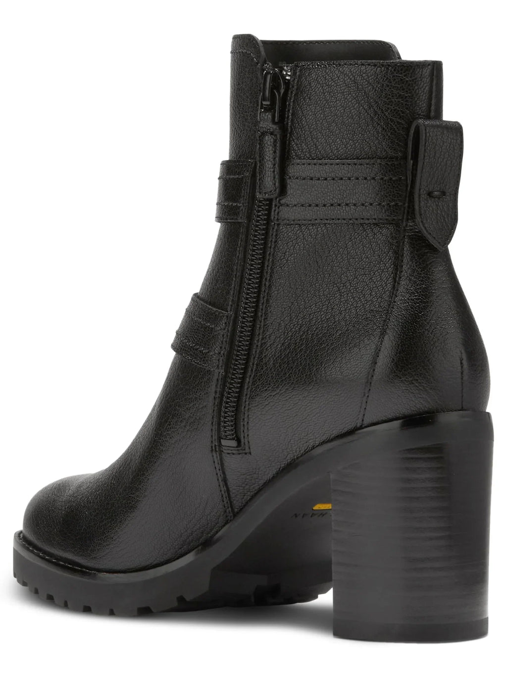 Black HAAN Buckle Stacked Foster Heel Accent Zip-Up Toe 5 Almond Womens Booties Leather COLE B
