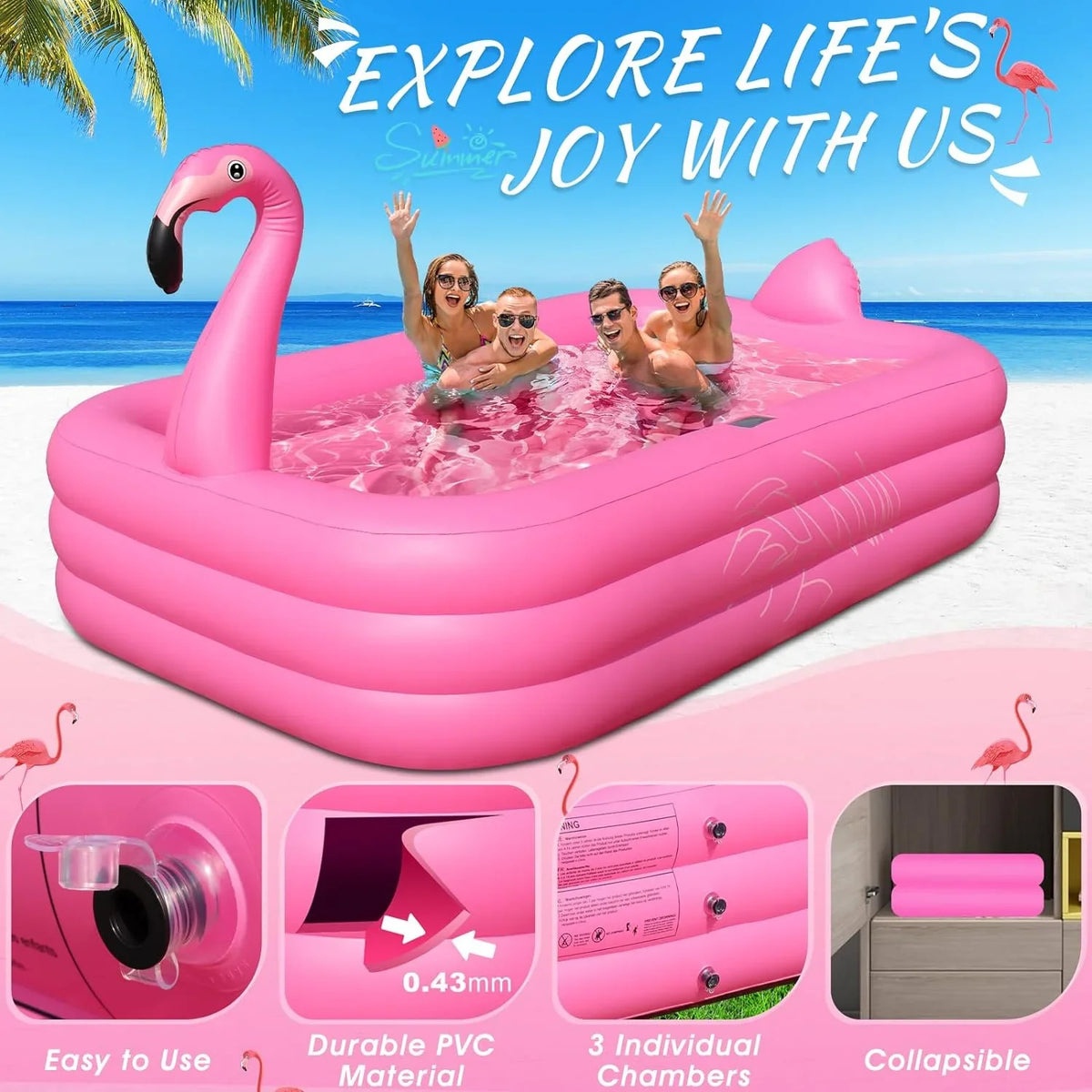 Solar up Inflatable with Durable Inflatable Inflatable Backyard,exterior Pool Pool, Kids,Adults 2024 Large Lights, Pool, Blow Kiddie Pool Pool Thickened Swimming Family for for Flamingo 105"x65"x25"