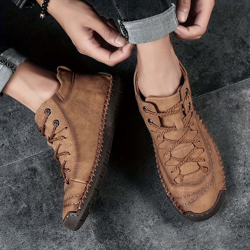 Walking And Hand-stitching Synthetic Ankle Summer Anti-slip Lace-up Shoes Boots Leather For exterior Spring KINODAY Breathable Autumn