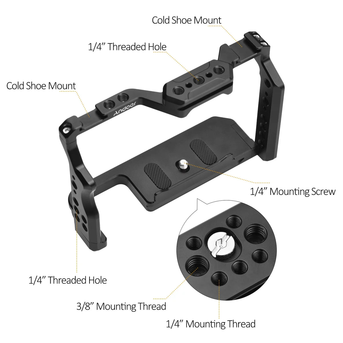 Cold Cage Alloy Numerous for A7III/ III/ A7R Video Shoe A7S with Aluminum 14 Andoer II II/ Cage Threads Inch Dual Mounts A7R A7II/ Replacement A7IV/