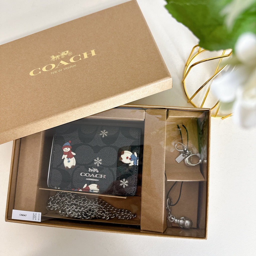 Boxed IN Black Wallet Multi Snowman Chain Coach With A In Canvas Mini CN047 Signature Print On