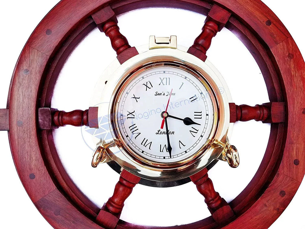 Time | Nagina Pirate's Inches) Clock Nautical Gift Polystone Polished London Ship Porthole Home International | Decor Sea's Wheel (48 Ocean Brass