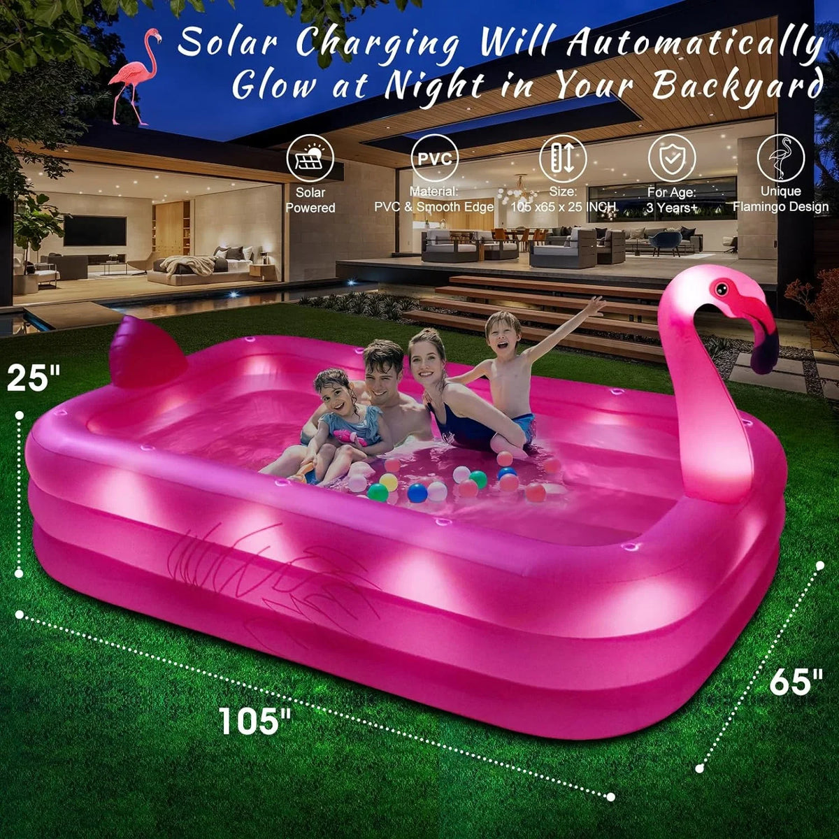 Solar up Inflatable with Durable Inflatable Inflatable Backyard,exterior Pool Pool, Kids,Adults 2024 Large Lights, Pool, Blow Kiddie Pool Pool Thickened Swimming Family for for Flamingo 105"x65"x25"