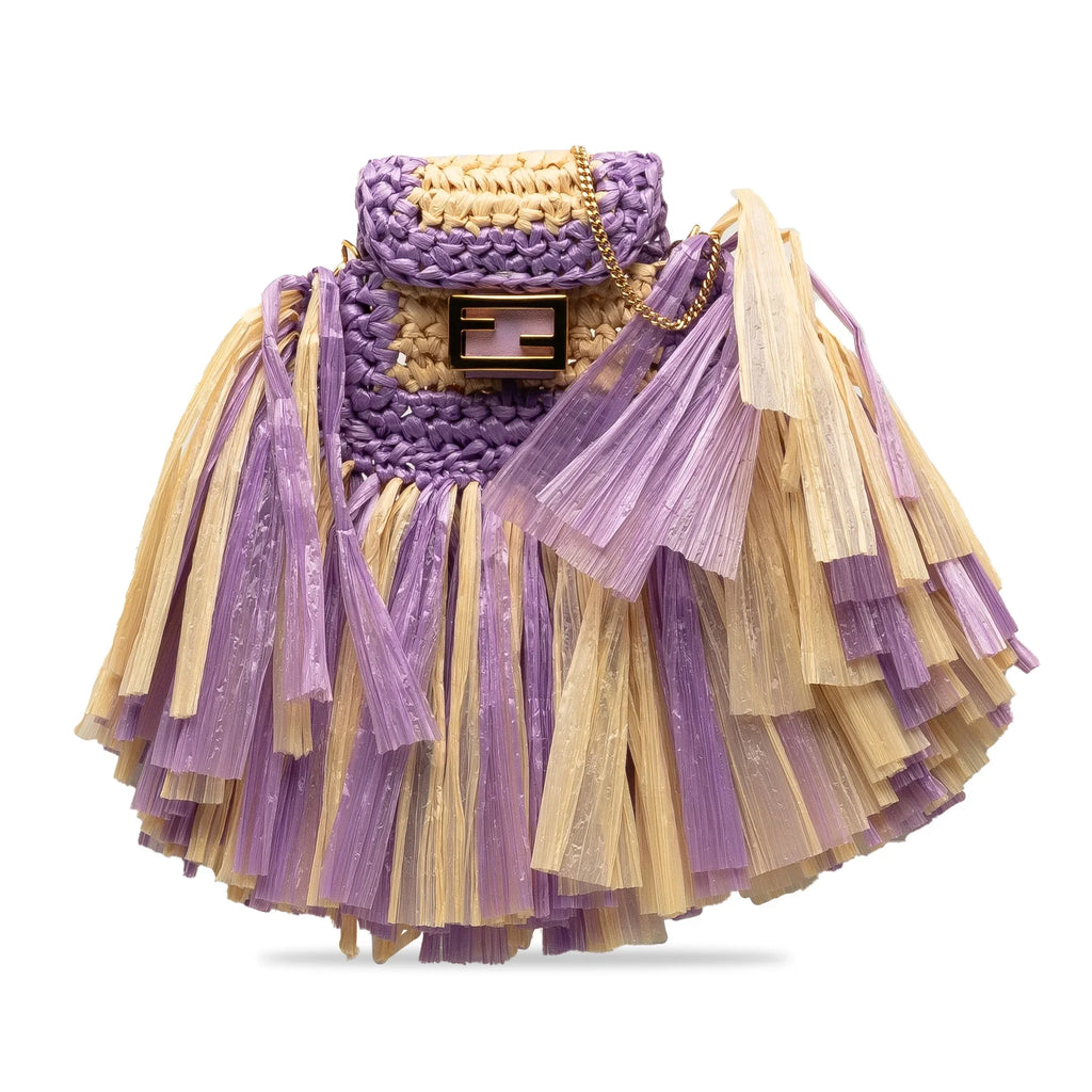 Authenticated Crossbody (Good) Natural Pre-Owned Intreccio Baguette Fendi Pico fabric Purple Unisex Raffia Bag
