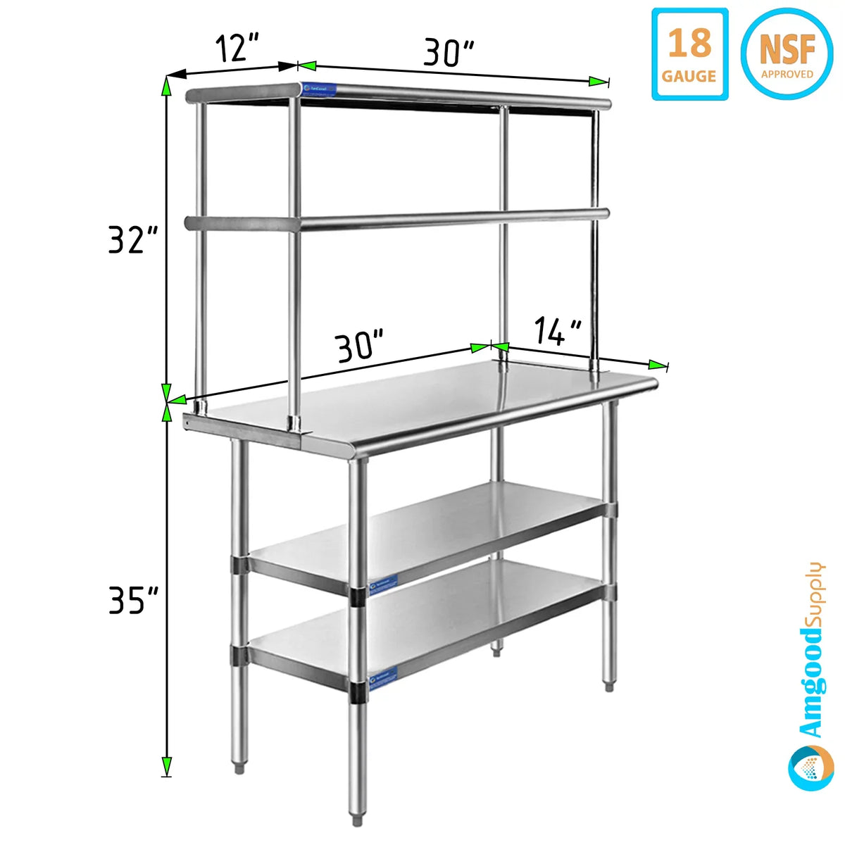 Wide Table x Prep 14" With | Tier Two 12" & Work Overshelf Kitchen | Shelves Metal Double Shelving Combo Table Stainless 30" Steel