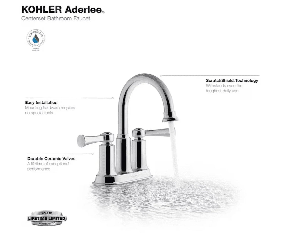 1.2GPM Kohler Chrome Polished Center-Set Sink Aderlee Bathroom Faucet,
