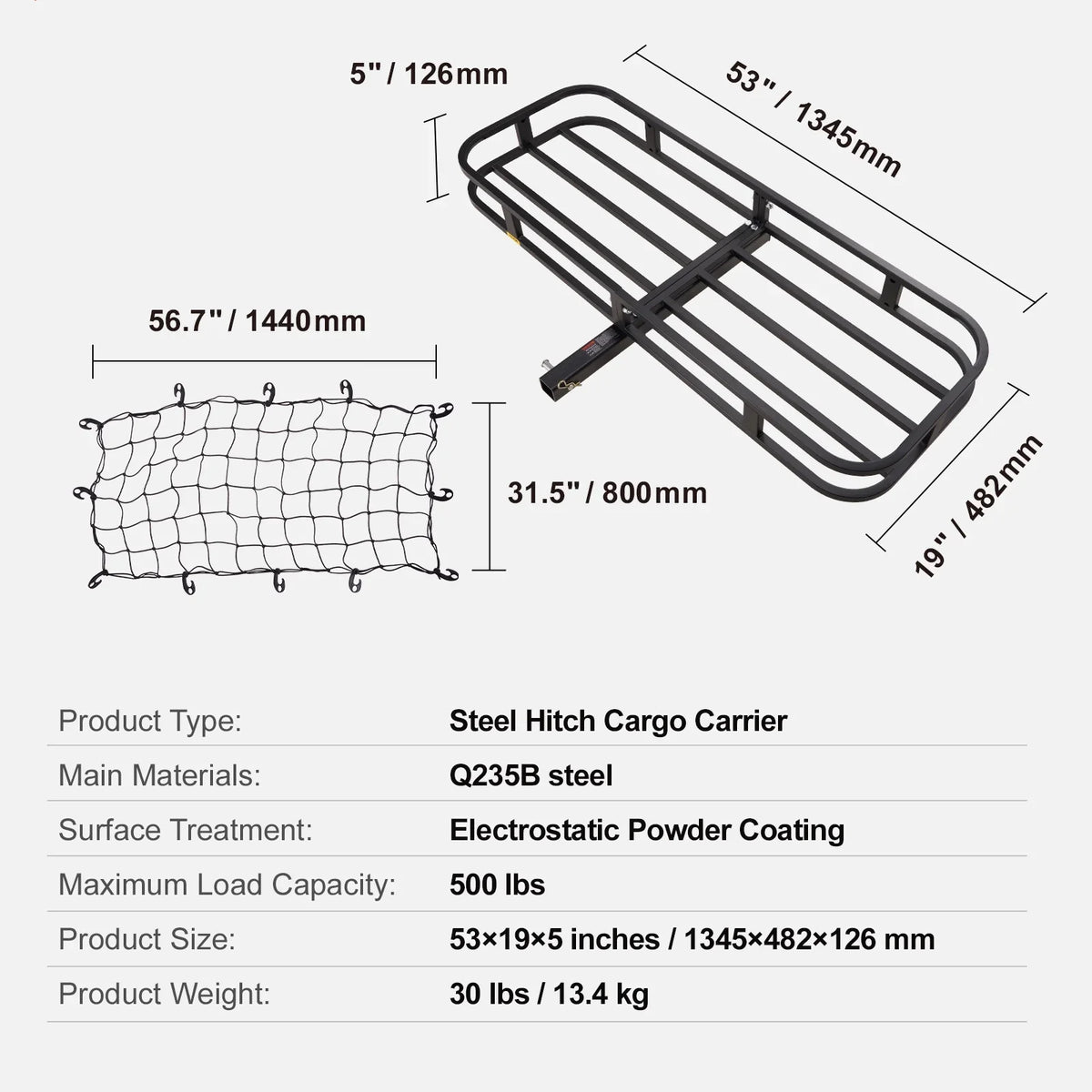 Net Fits 2" 500lb Mount Receiver Cargo Carrier in Hitch & BENTISM Cargo 53x19x5
