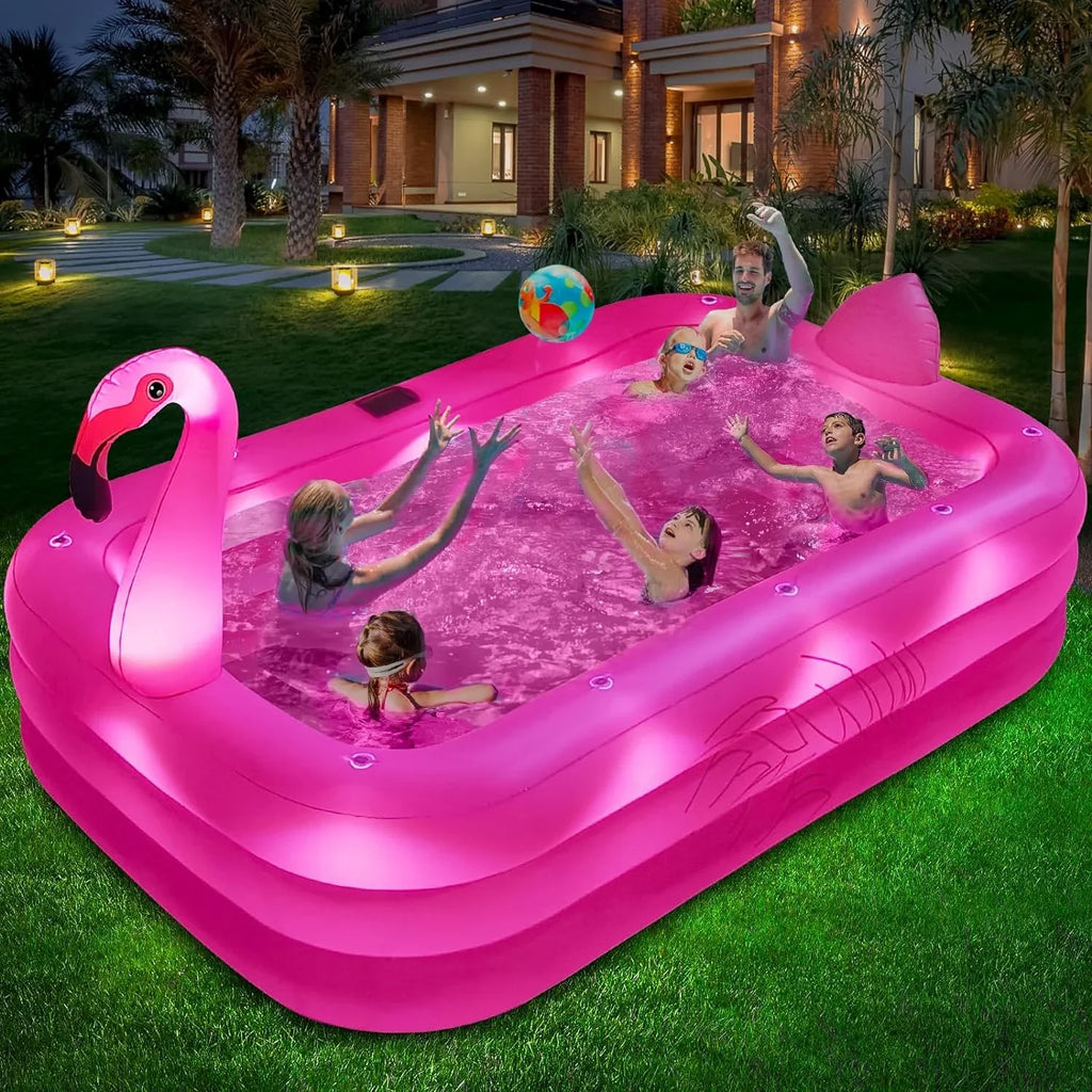 Solar up Inflatable with Durable Inflatable Inflatable Backyard,exterior Pool Pool, Kids,Adults 2024 Large Lights, Pool, Blow Kiddie Pool Pool Thickened Swimming Family for for Flamingo 105"x65"x25"