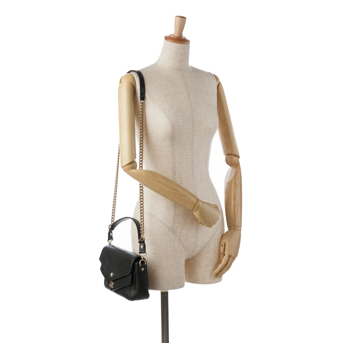 Calf Satchel Double Chevron Authenticated Black Leather (Good) Elaphe Flap Unisex Pre-Owned skin
