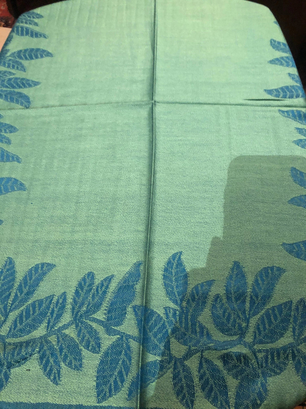 Pashmina shawl blue Scarf Vintage and Green Wrap Vine Teal Reversable Brocade