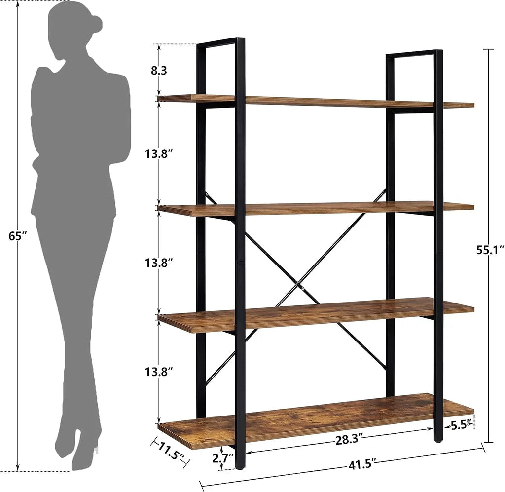 Room, with Shelf, Rustic Bookshelf, Brown DIQIN Shelves Bookcase Display Home Frame, Open Office, 4-Tier for Metal Living Tall Book Bedroom,