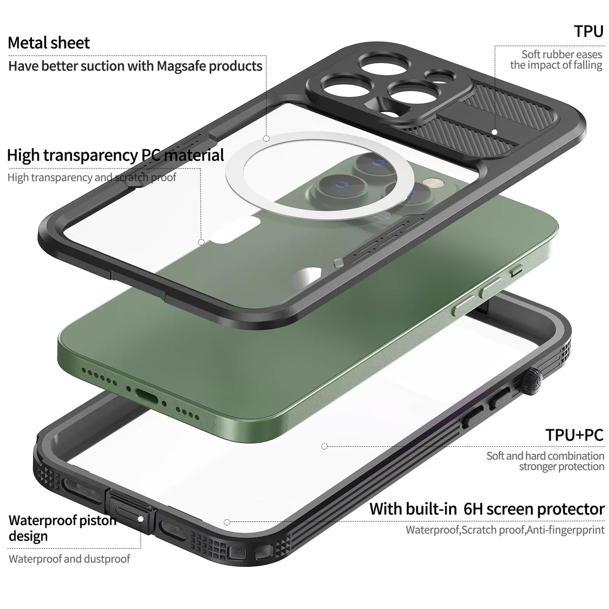 for Screen for Pro 360][IP68 14 MagSafe] Max Dropproof][Dustproof][Compatible 14 Black - 6H iPhone with Pro Max Underwater][14FT Military Waterproof, Built-in [Real 6.7" Protector Case iPhone