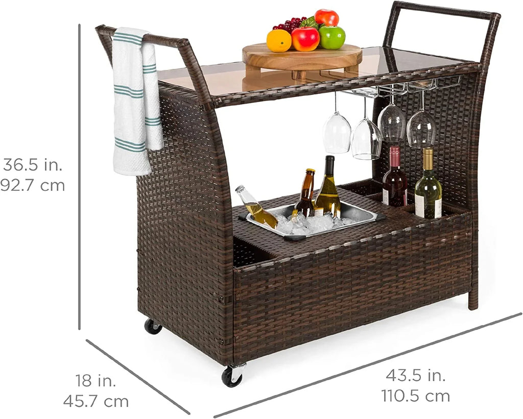 w/Removable Wicker Wine exterior Glass Compartments Glass Holders, Cart Bucket, Countertop, Ice Storage - Rolling Brown Bar