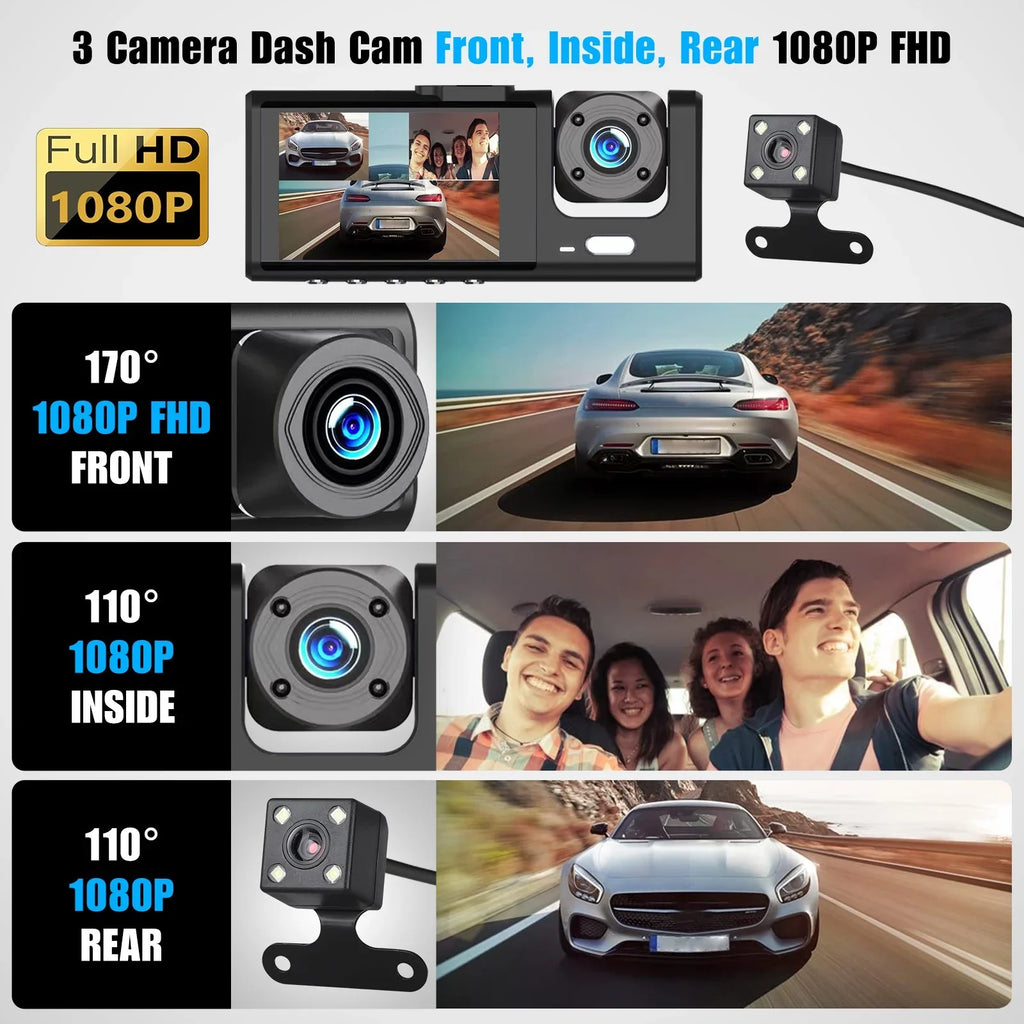 Loop Channel Monitor Three and G-Sensor, Inside Dash 3 HD Cam Way for Vision, W/IR Front 1080P Rear Full W/32GB Night Recording, TF Cars, Car Dash Camera Card, Parking Triple Dashcam Camera