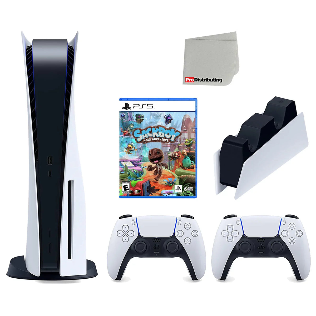 Cleaning and Bundle 5 Station A Charging Playstation Cloth Extra White DualSense with Disc Console with Big Adventure Controller, Version Sackboy:
