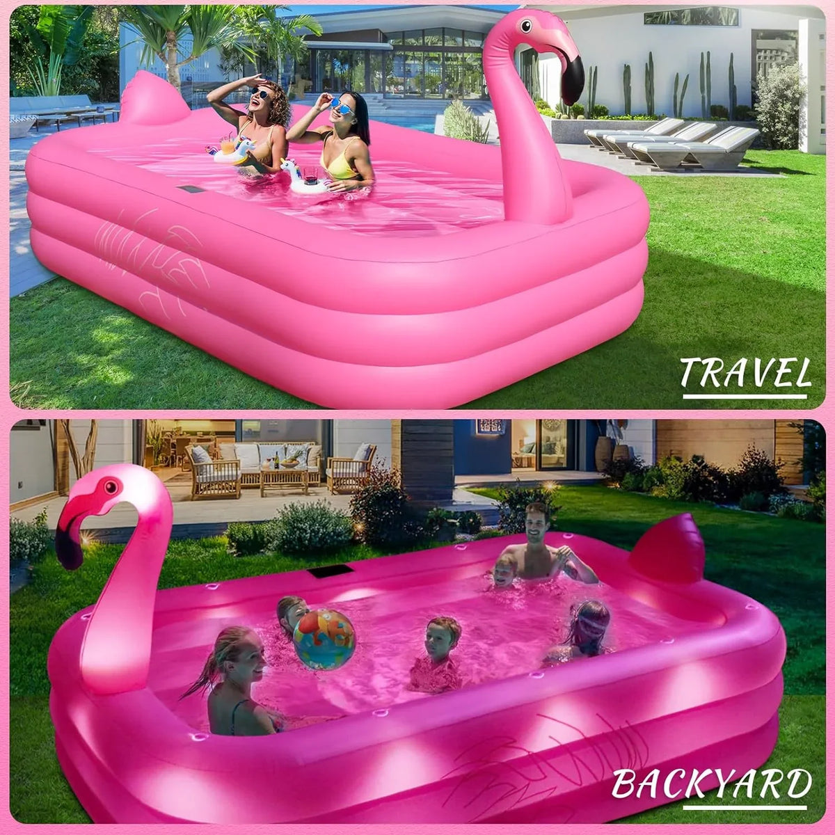 Solar up Inflatable with Durable Inflatable Inflatable Backyard,exterior Pool Pool, Kids,Adults 2024 Large Lights, Pool, Blow Kiddie Pool Pool Thickened Swimming Family for for Flamingo 105"x65"x25"