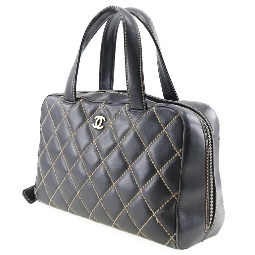 Boston Pre-Owned Wild Handbag Ladies Black Calf Mini (Fair) A14692 Stitch