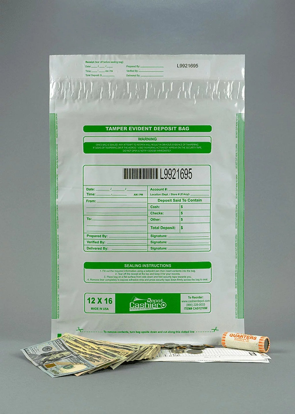 Closure Seal 12" Bags, 16" Tamper White, Deposit Depot Evident Cashier Numbering, Serialized (100 Barcode, Bags) Tape Void & x Press
