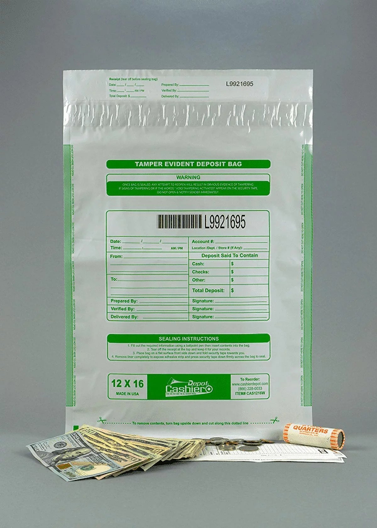 Closure Seal 12" Bags, 16" Tamper White, Deposit Depot Evident Cashier Numbering, Serialized (100 Barcode, Bags) Tape Void & x Press