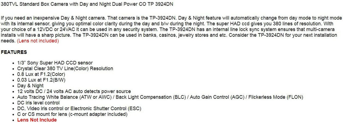 Night Not 380TVL (Lens TP Security Power Included) Standard Camera CCTV with and 3924DN Box Dual Day CO
