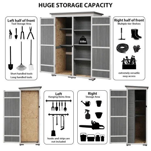 Wood Hx4.1ft Lockable Doors, 5.5ft exterior Asphalt Cabinet Garden White with Four and Roof, L Tool Shed, Multiple-tier Storage Waterproof Shelves, Gray
