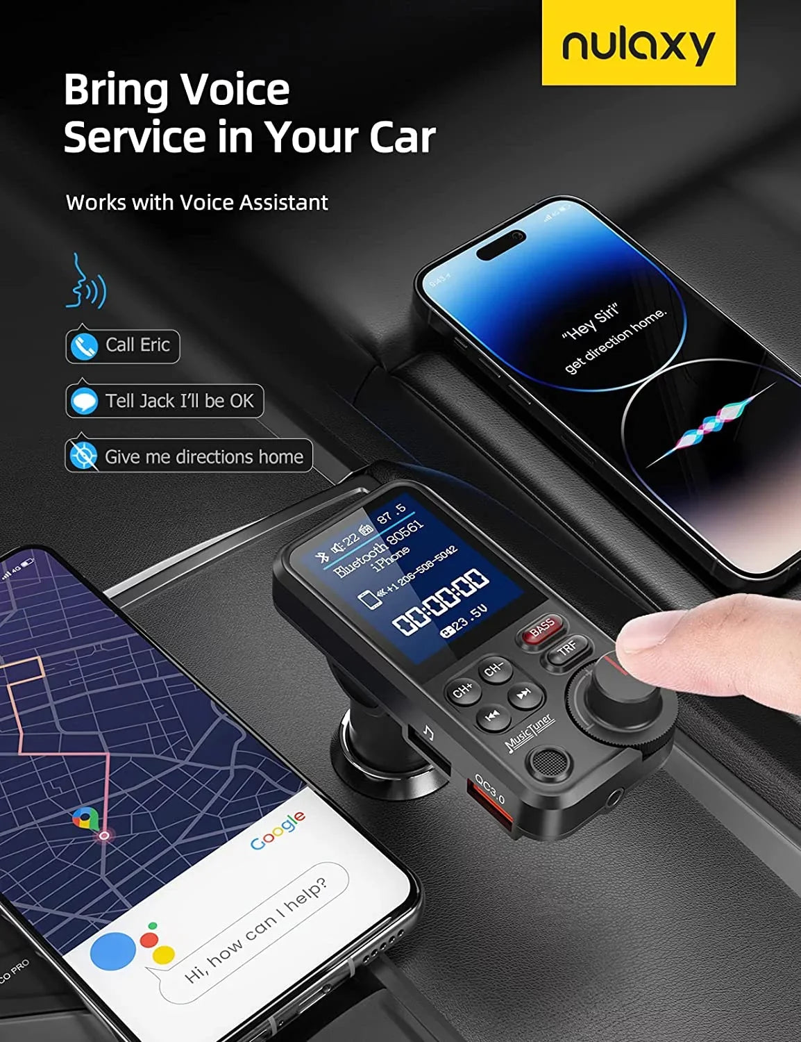 FM Transmitter Color Supports car, Strong Bluetooth and Calls, 1.8" Bluetooth Music Free Adapter for KM30 Microphone Bass Charging, Sound Player- Car QC3.0 for Treble Hands Screen with